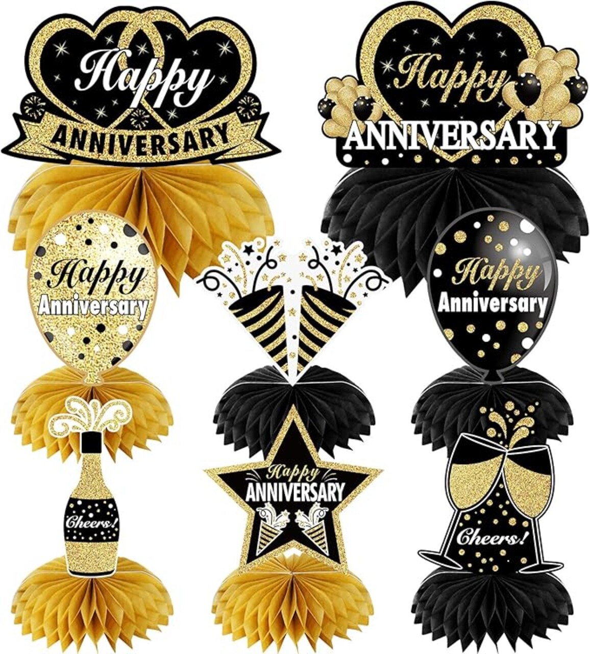 8pc Happy Anniversary Honeycomb Centerpieces - Black & Gold 3D Table Decorations - Milestone Anniversary Party Supplies for 1st, 10th, 25th, 50th Wedding Anniversary & Company Events